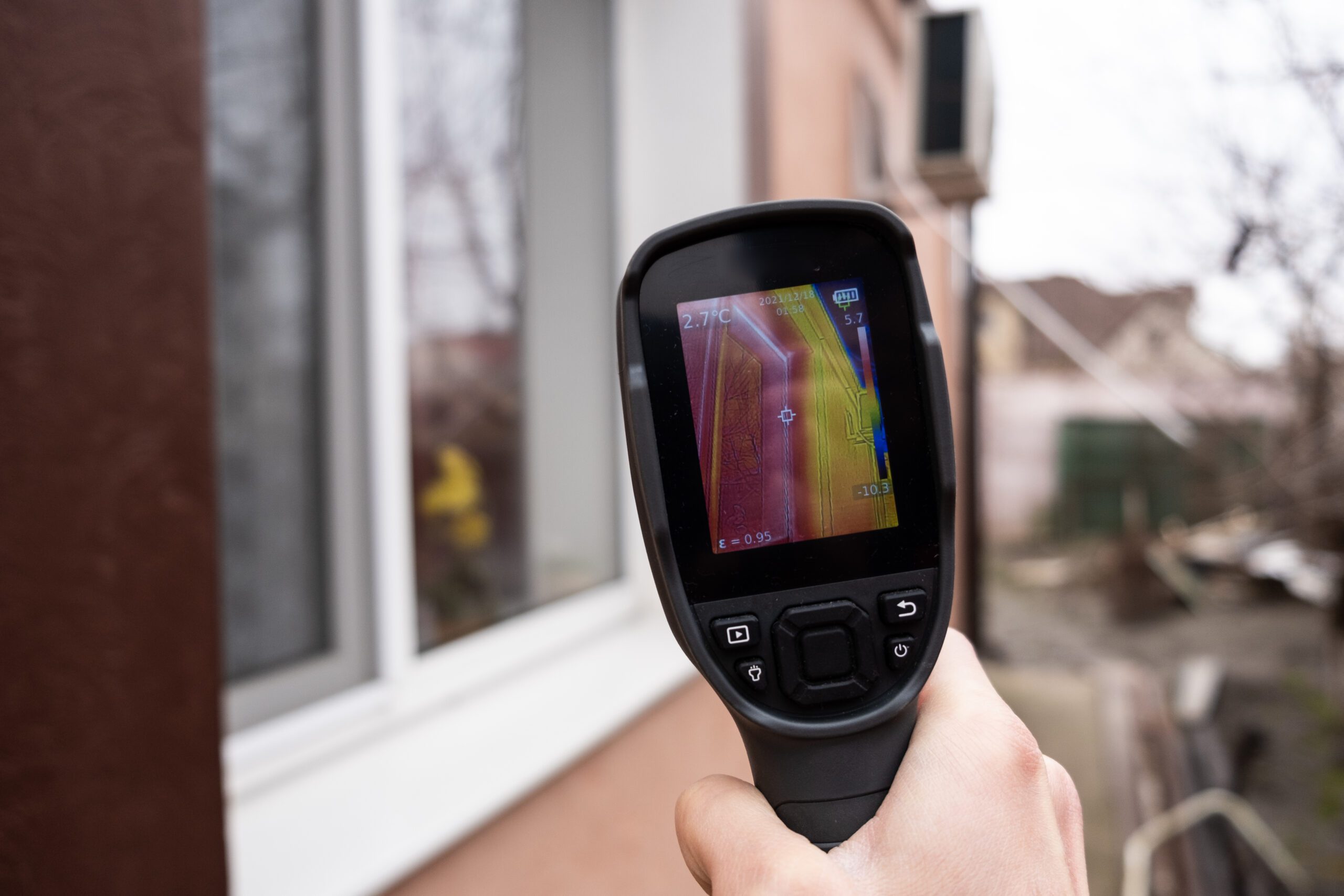 male hand holds thermal imager window house search heat loss private houses scaled